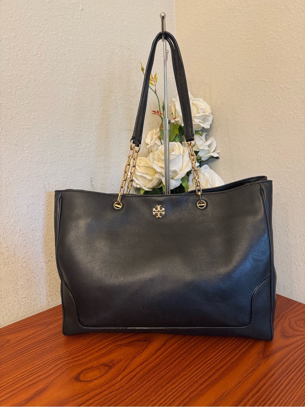 Tory Burch Black Leather Tote with Gold Hardware